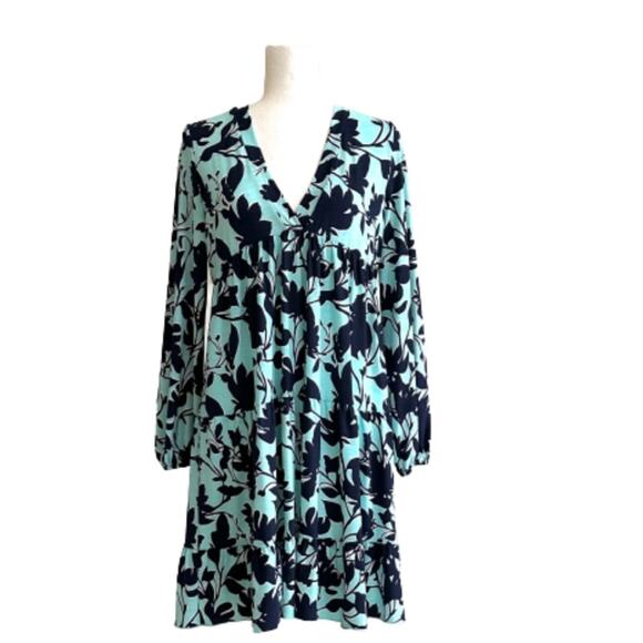 Honeyme Dress Light Blue Navy Floral Print Boho V-Neck Long Sleeve Tiered Small - Picture 12 of 12